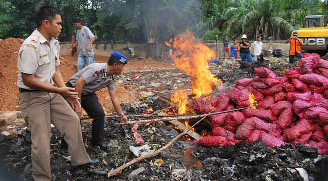 Dit Polair Polda Riau Musnahkan Sebanyak 2.400 Karung Bawang Merah Asal India